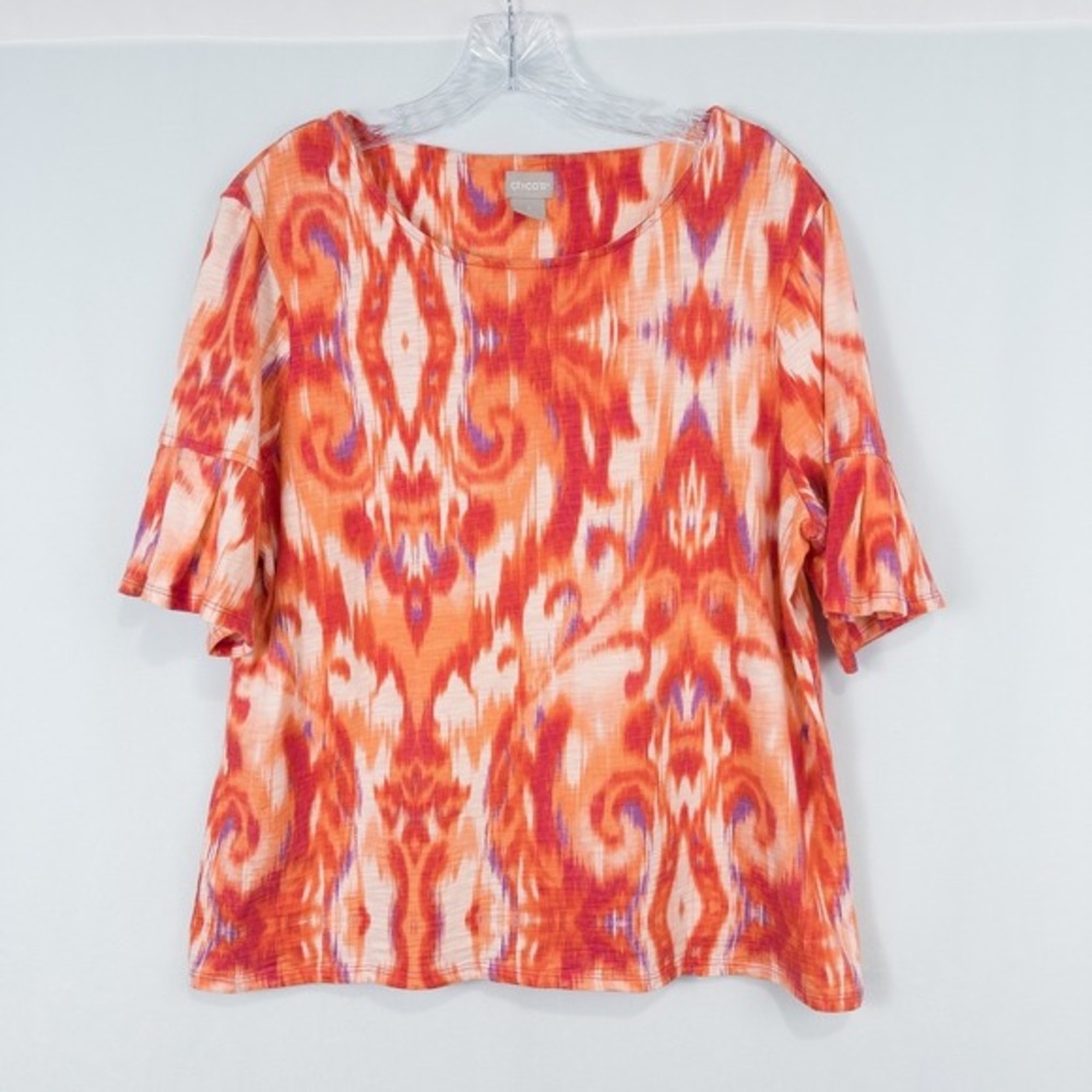 Chicos Ikat Flutter Sleeve Top Womens Size 2 (Large) Colorful Boho Artsy Resort